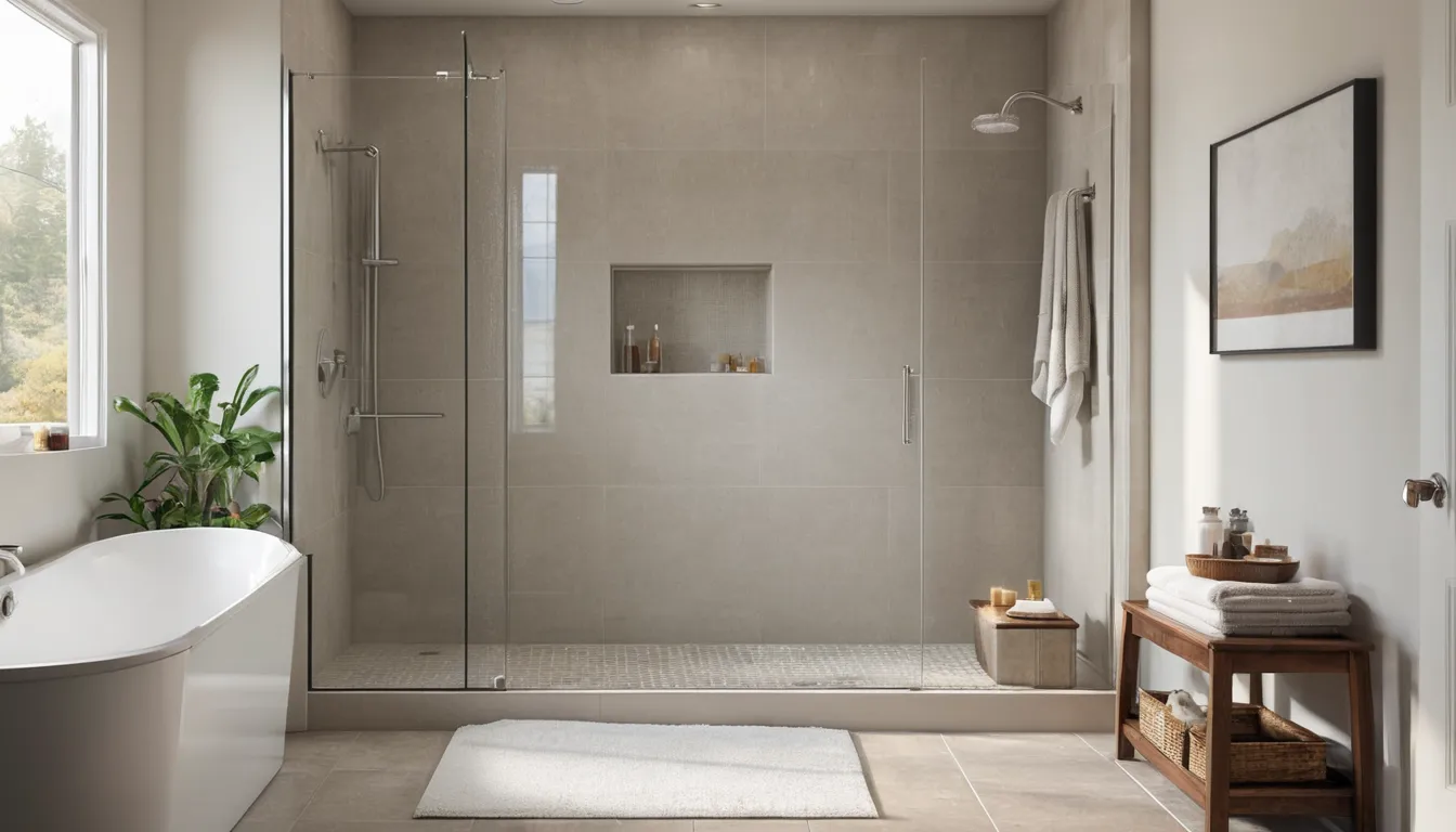Bright, modern low-entry walk-in shower in a Oak Point home bathroom with a fold-down seat and grab bar