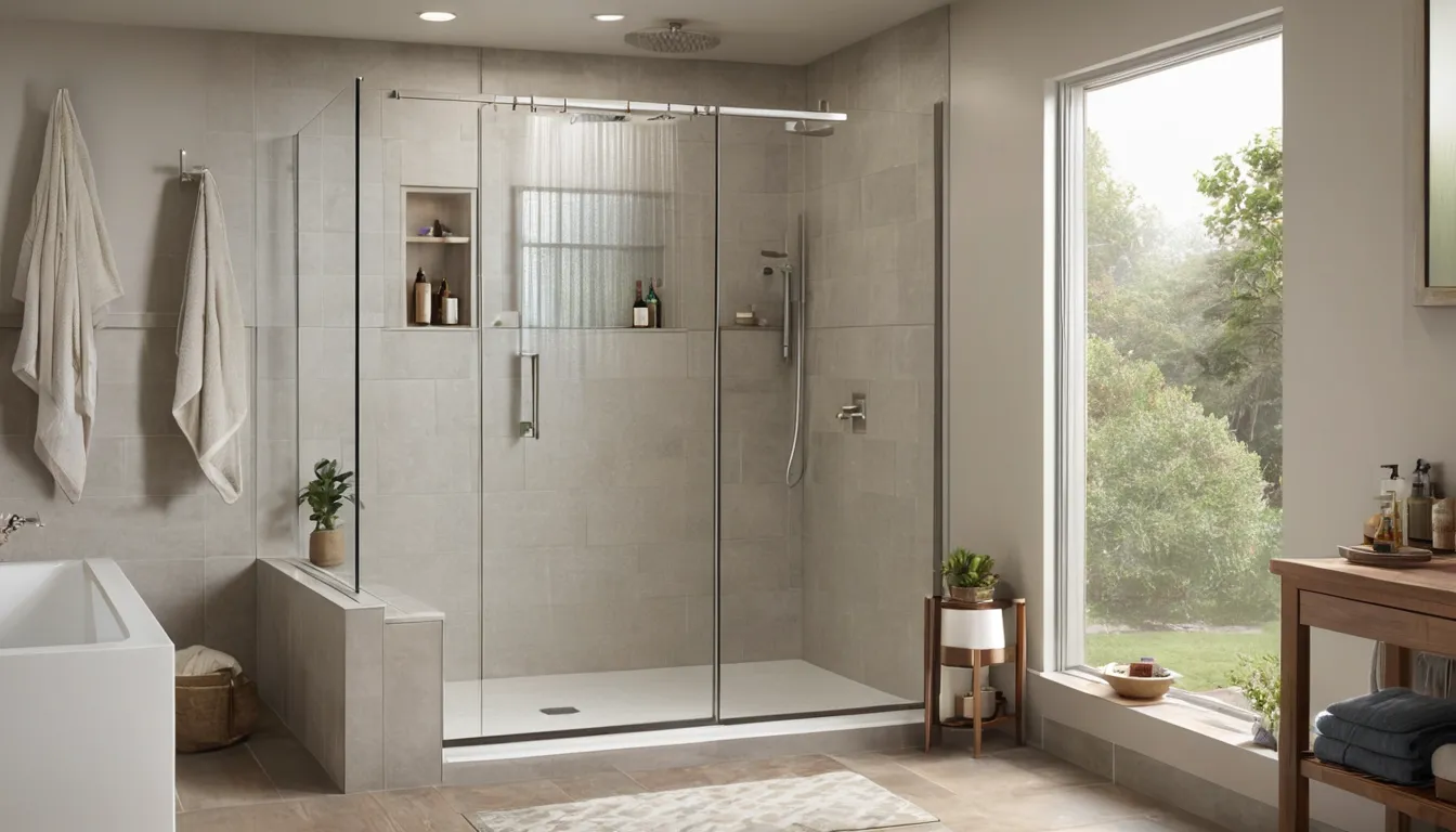 A bright, modern walk-in shower with a low threshold, bench, and grab bar in a Oak Point home