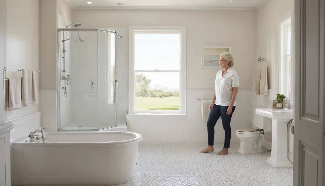 Smiling older homeowner sitting comfortably inside a walk-in tub in a bright bathroom in the Oak Point area